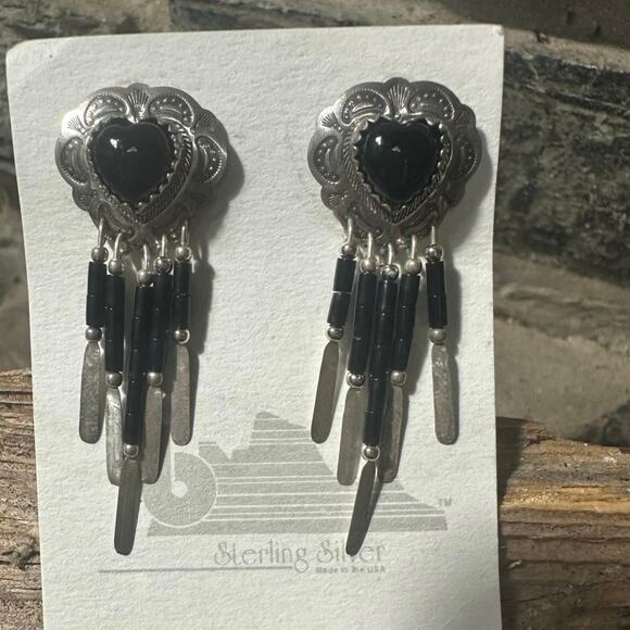 Sterling Silver Black Southwestern Heart with Dangle Cylinders Post Back Earring - Picture 1 of 3
